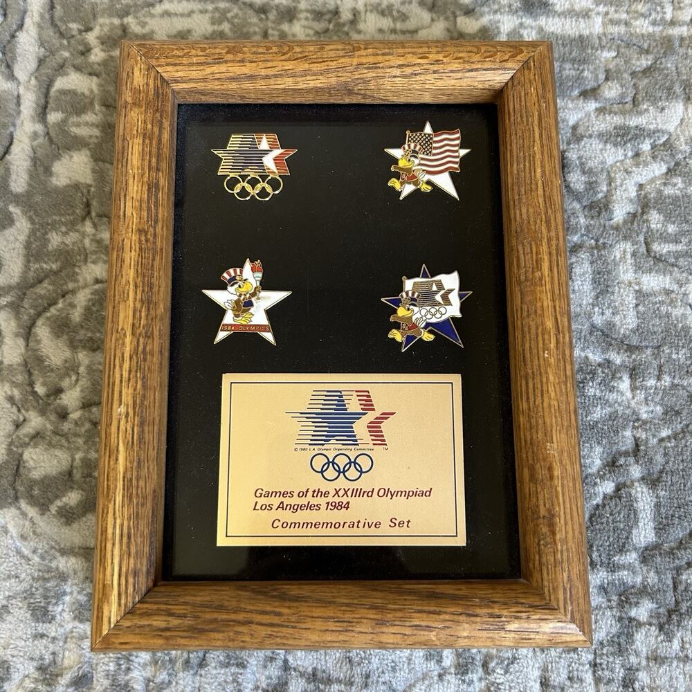1984 LOS ANGELES OLYMPICS COMMEMORATIVE PIN SET WOOD FRAME